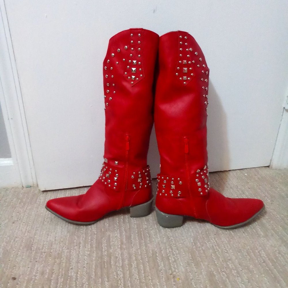 Women's Red High Top Studded Western Boots